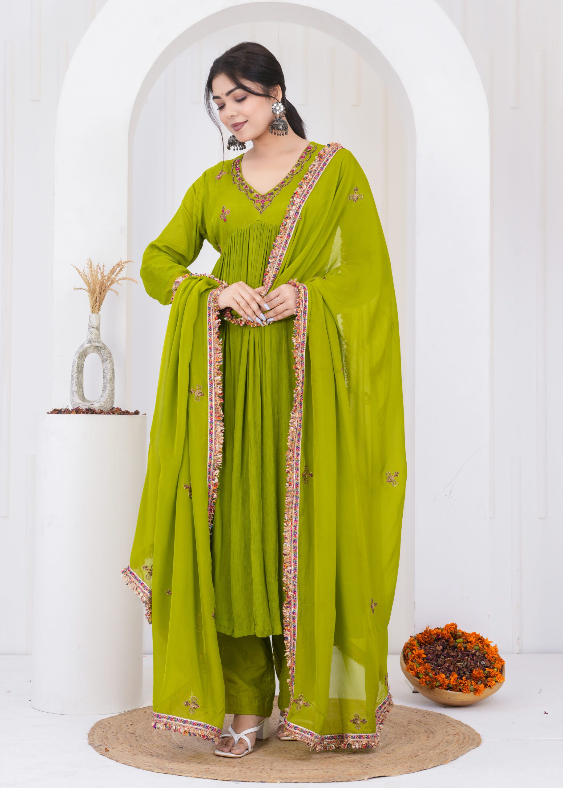 Emerald Chiffon Kurta Set With Dupatta